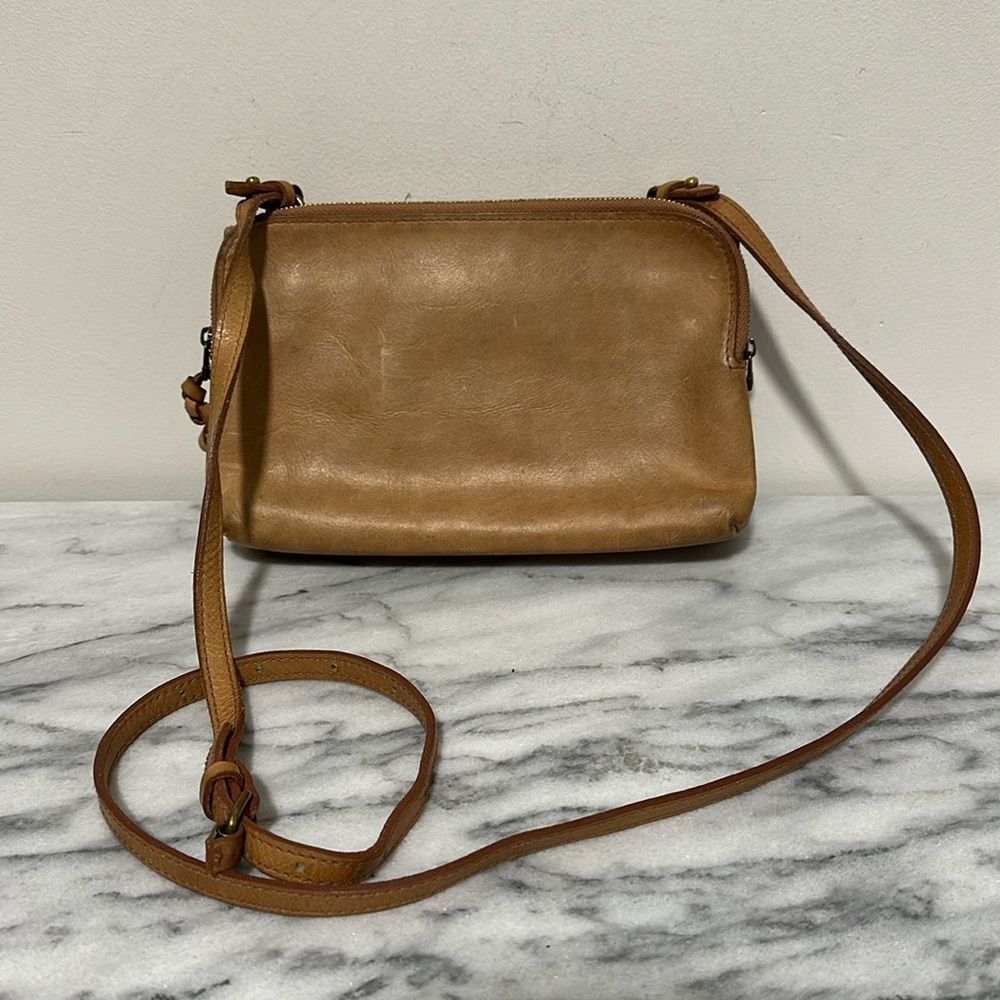 Madewell Twin Pouch Tan Leather Double Zip Crossbody Bag with mirror